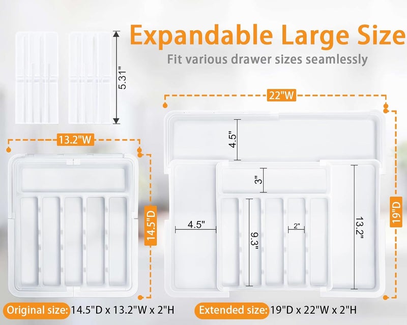 Homecor Silverware Organizer for Kitchen Drawer, Expandable Utensil Drawer Organizer with 2 Knife Block, Flatware and Cutlery Holder, Adjustable Plastic Storage for Spoons Forks Knives - Image 2